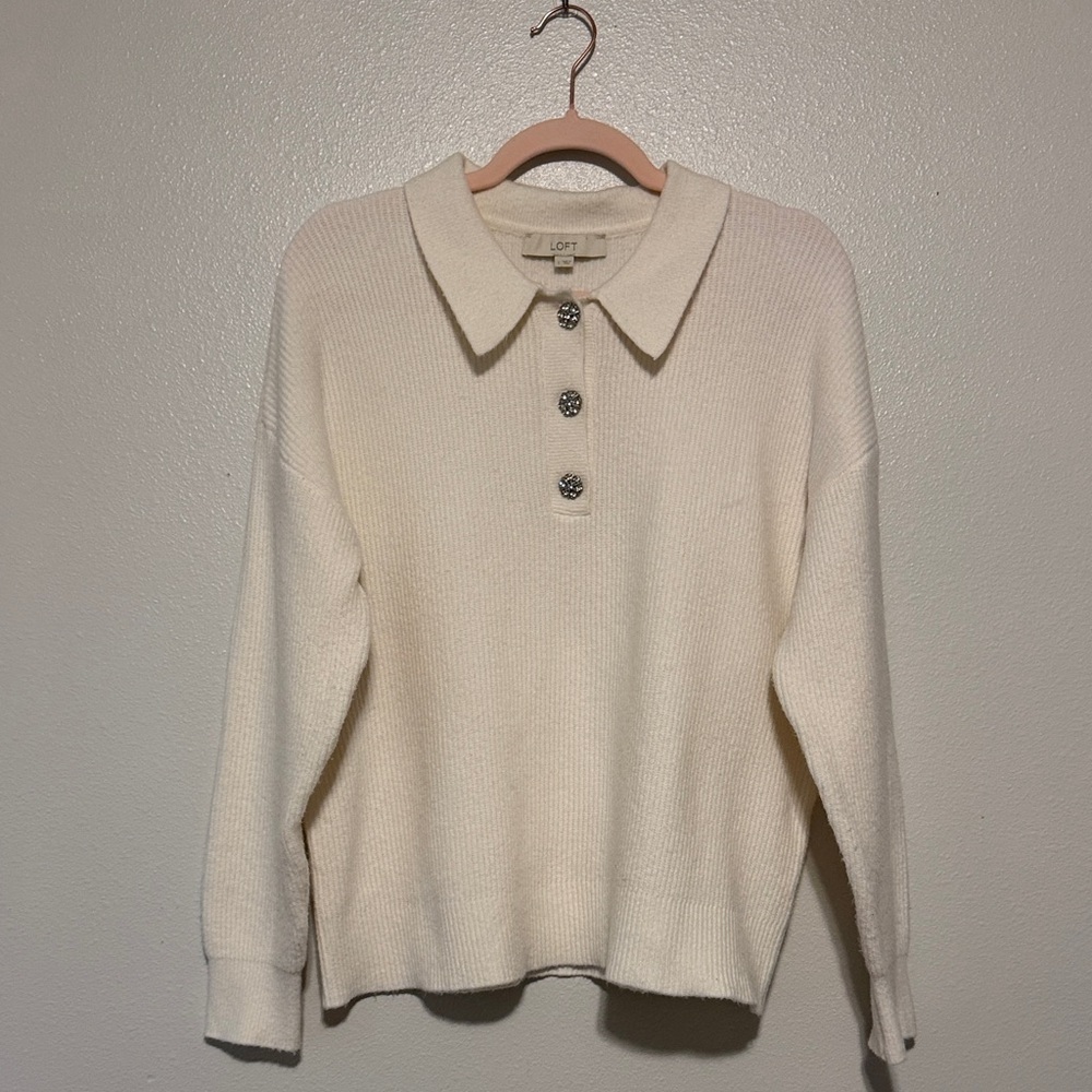 Loft Cream Collared Knit Pullover With Decorative… - image 1